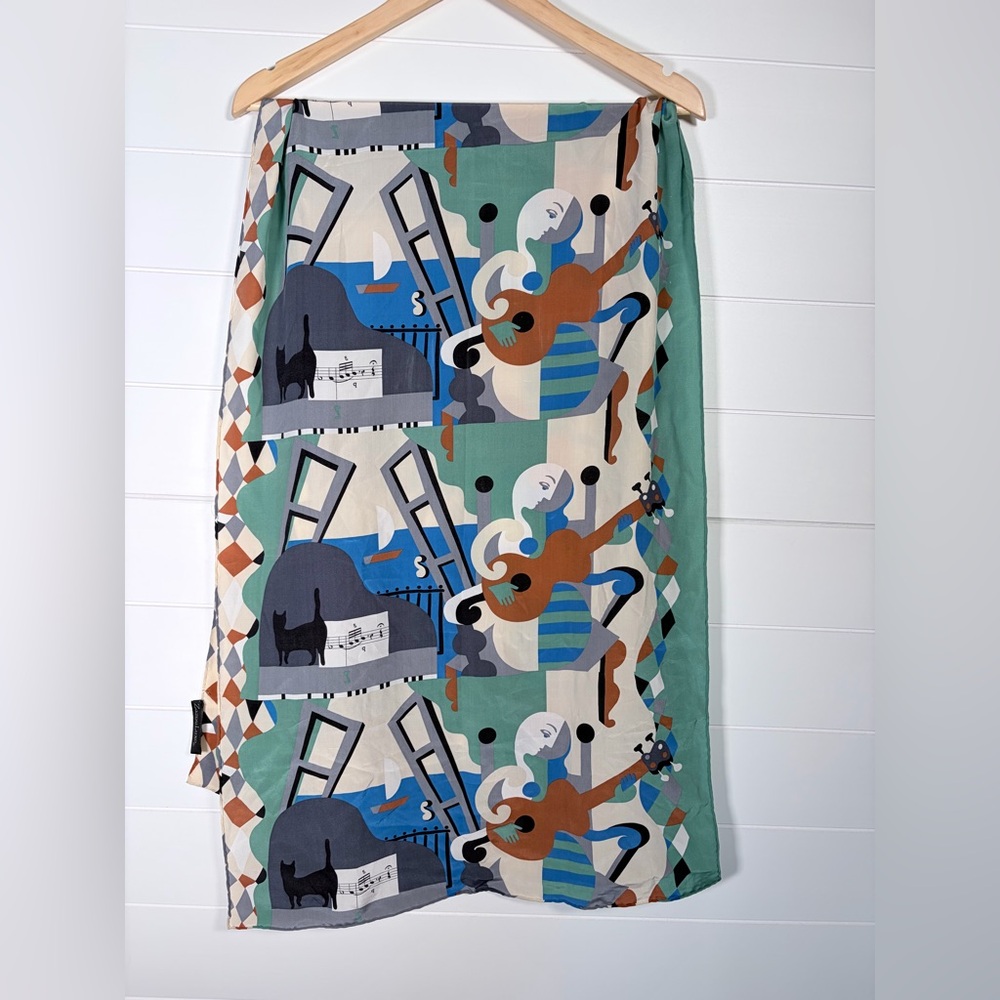 ZazouLuxe Artistic 100% Silk Multicolor Scarf with Green and Blue Accents Music
